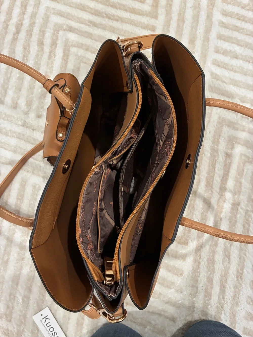 Structured Tan Satchel with Detachable Pouch and Gold-Tone Accents